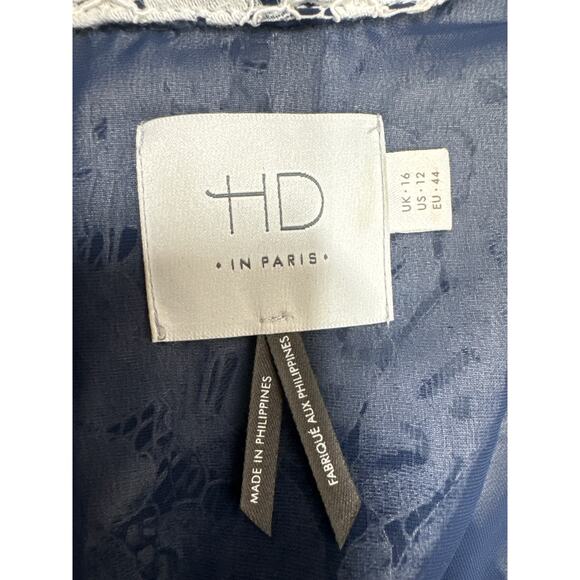 HD in Paris Top Blouse Short  Sleeve Rayon Blend White Navy Tunic Top Size 12 - Picture 4 of 5